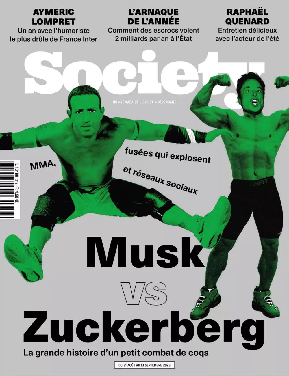 Une couverture de magazine avec deux hommes en posture de combat, accompagnée des titres suivants : un entretien avec Aymeric Lompret, une enquête sur une arnaque à l'État, et une interview avec Raphaël Quenard. Le titre principal est "Musk vs Zuckerberg", traitant d'un "combat de coqs".