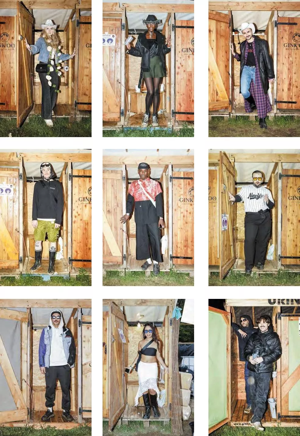 Un montage de neuf photos montrant des personnes posant à l'entrée de toilettes en bois, chacune portant des tenues variées et originales.