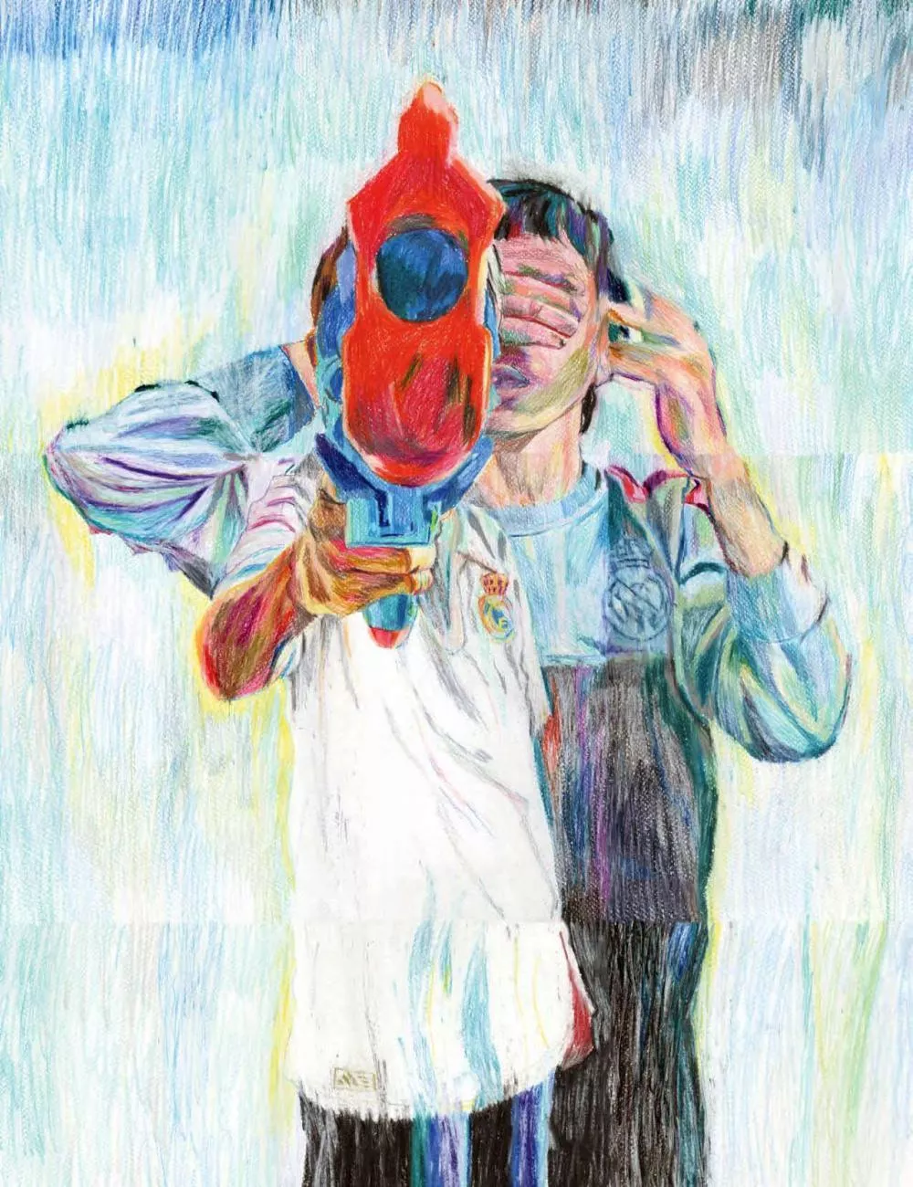 Un individu tient un pistolet à eau coloré et couvre ses yeux avec sa main dans une illustration aux couleurs vives.