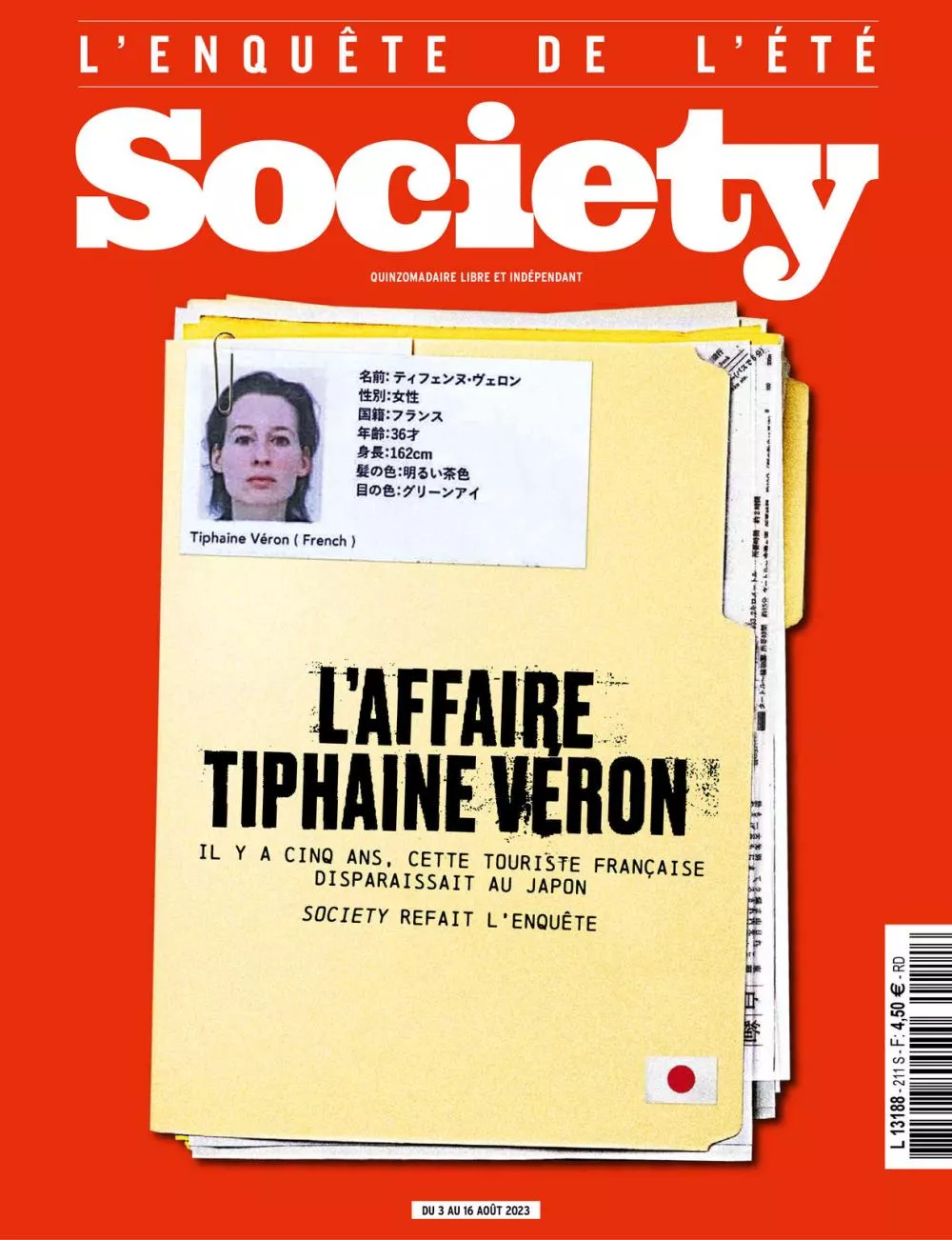 La couverture du magazine "Society" présente "L'affaire Tiphaine Véron", une enquête sur la disparition d'une touriste française au Japon il y a cinq ans.