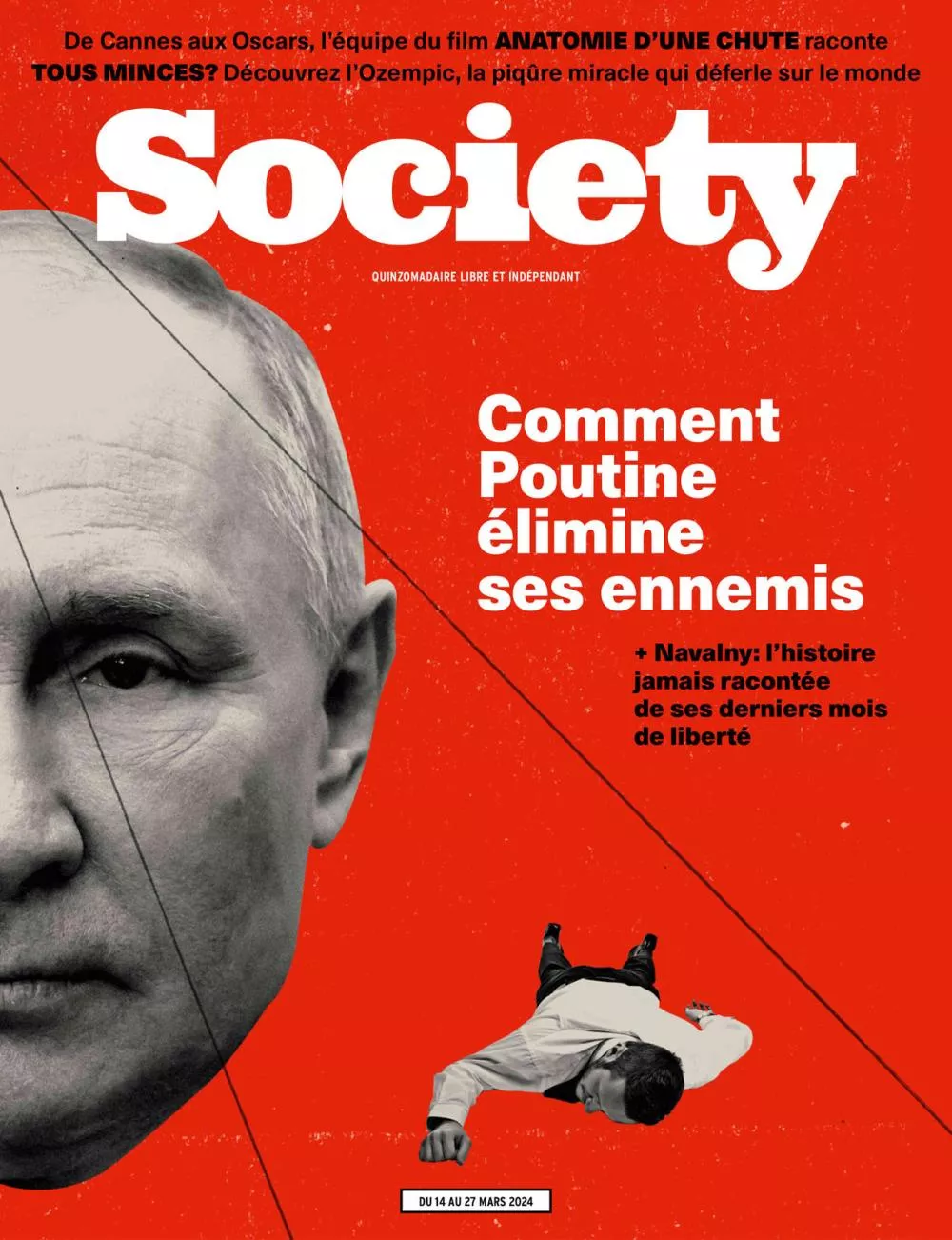 Une couverture de magazine intitulée "Society" avec un focus sur "Comment Poutine élimine ses ennemis" et un article sur Navalny, concernant ses derniers mois de liberté.