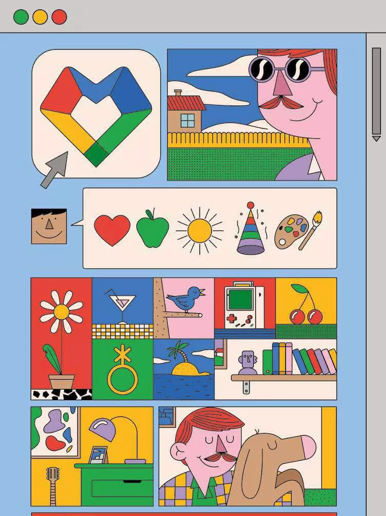 Une illustration colorée composée de diverses vignettes. En haut, un symbole multicolore et un homme avec des lunettes de soleil. Au centre, des icônes représentant un cœur, une pomme, un soleil, un chapeau de fête et une palette de peinture. En bas, des images de fleurs, un cocktail, un oiseau, une console de jeu, des cerises, une lampe, un homme souriant et un chien.