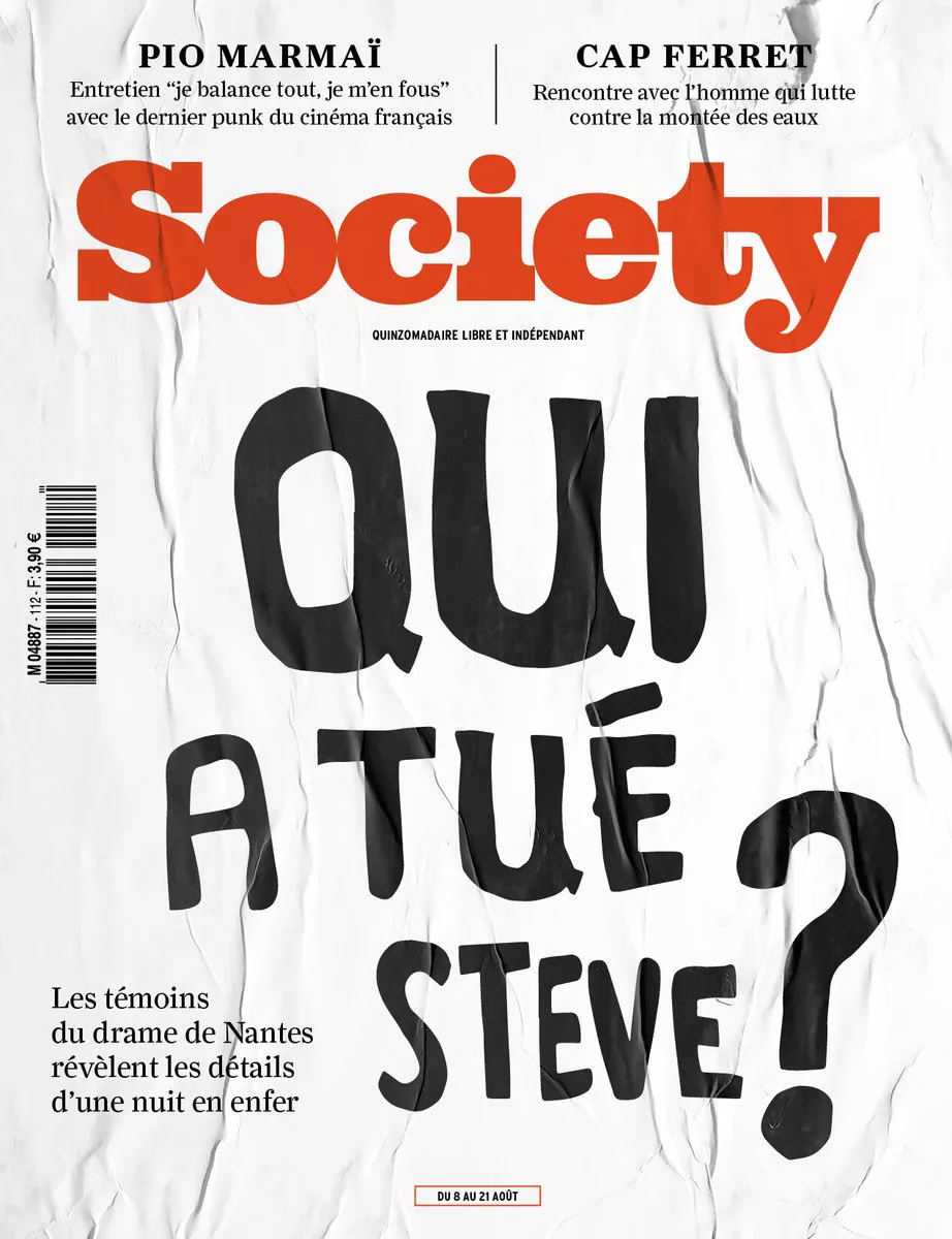 C'est la couverture du magazine "Society" avec le titre principal "Qui a tué Steve ?" et des articles sur Pio Marmaï et le Cap Ferret.