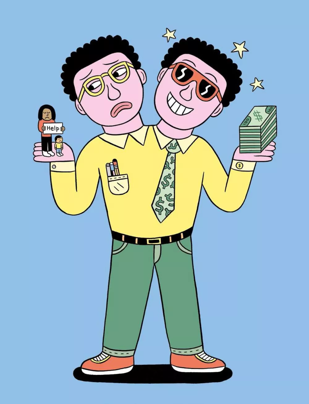 Un personnage à deux têtes, l'une triste tenant des figurines demandant de l'aide, et l'autre souriante avec des lunettes de soleil tenant une pile d'argent.