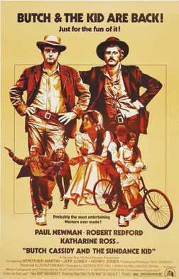 Une affiche de film vintage avec deux hommes en tenue de cow-boy, des scènes d'action et une bicyclette. Le texte mentionne "Butch & The Kid Are Back!" et les acteurs Paul Newman, Robert Redford, Katharine Ross, ainsi que le titre "Butch Cassidy and the Sundance Kid".