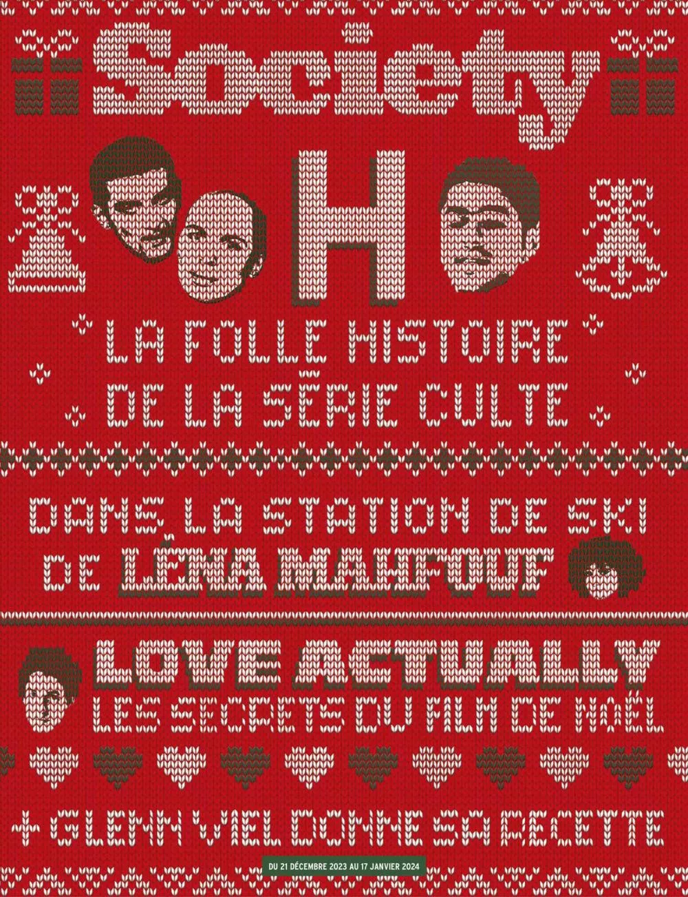Magazine "Society" avec une couverture de Noël tricotée, mettant en avant la série culte et le film "Love Actually", disponible du 21 décembre 2023 au 17 janvier 2024.