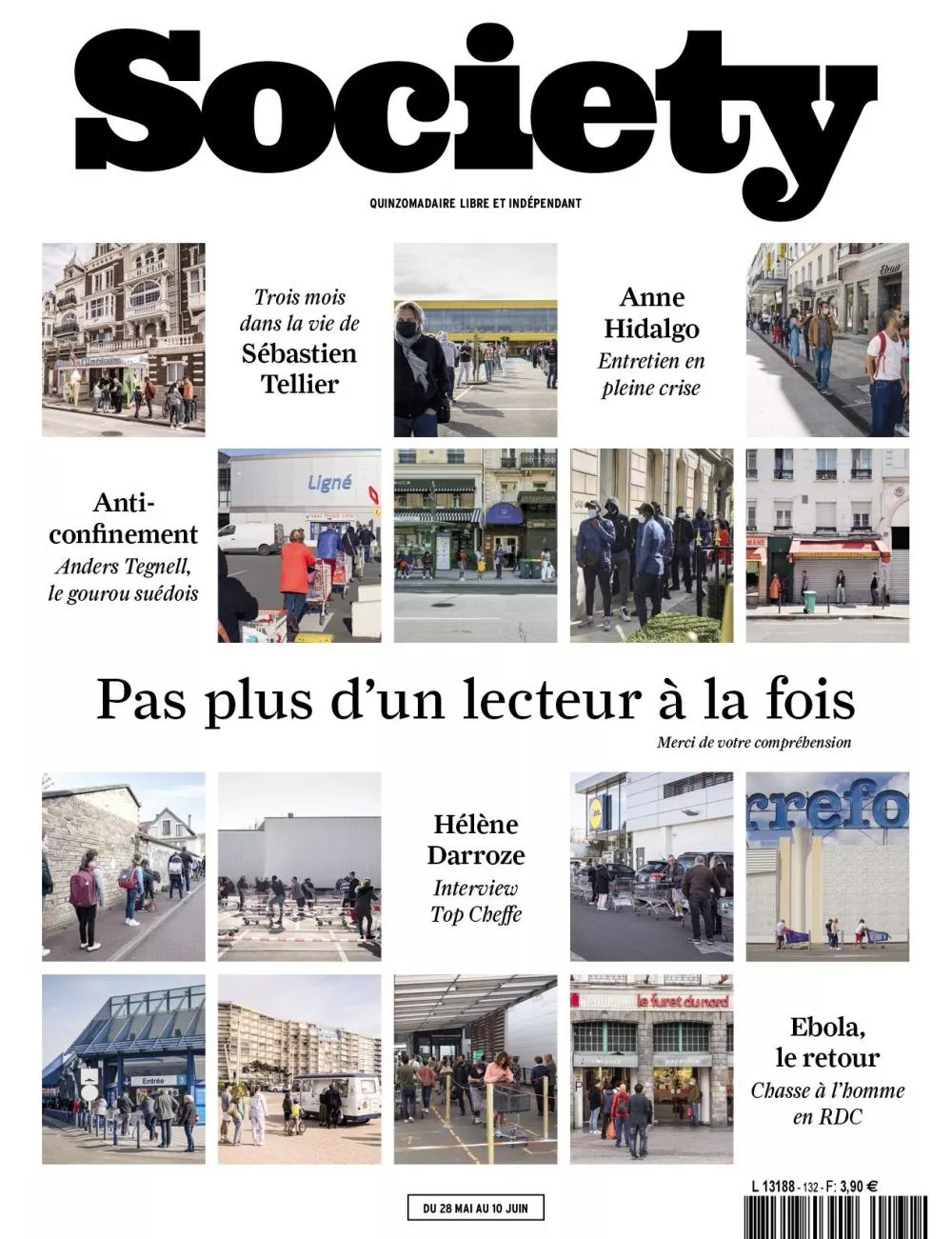 La couverture du magazine "Society" présente plusieurs sujets : un entretien avec Anne Hidalgo, une interview de Hélène Darroze, un article sur les trois mois dans la vie de Sébastien Tellier, un focus sur Anders Tegnell, le gourou suédois anti-confinement, et un reportage sur le retour d'Ebola en RDC. La couverture montre également des images de personnes faisant la queue, probablement en lien avec les mesures de distanciation sociale.