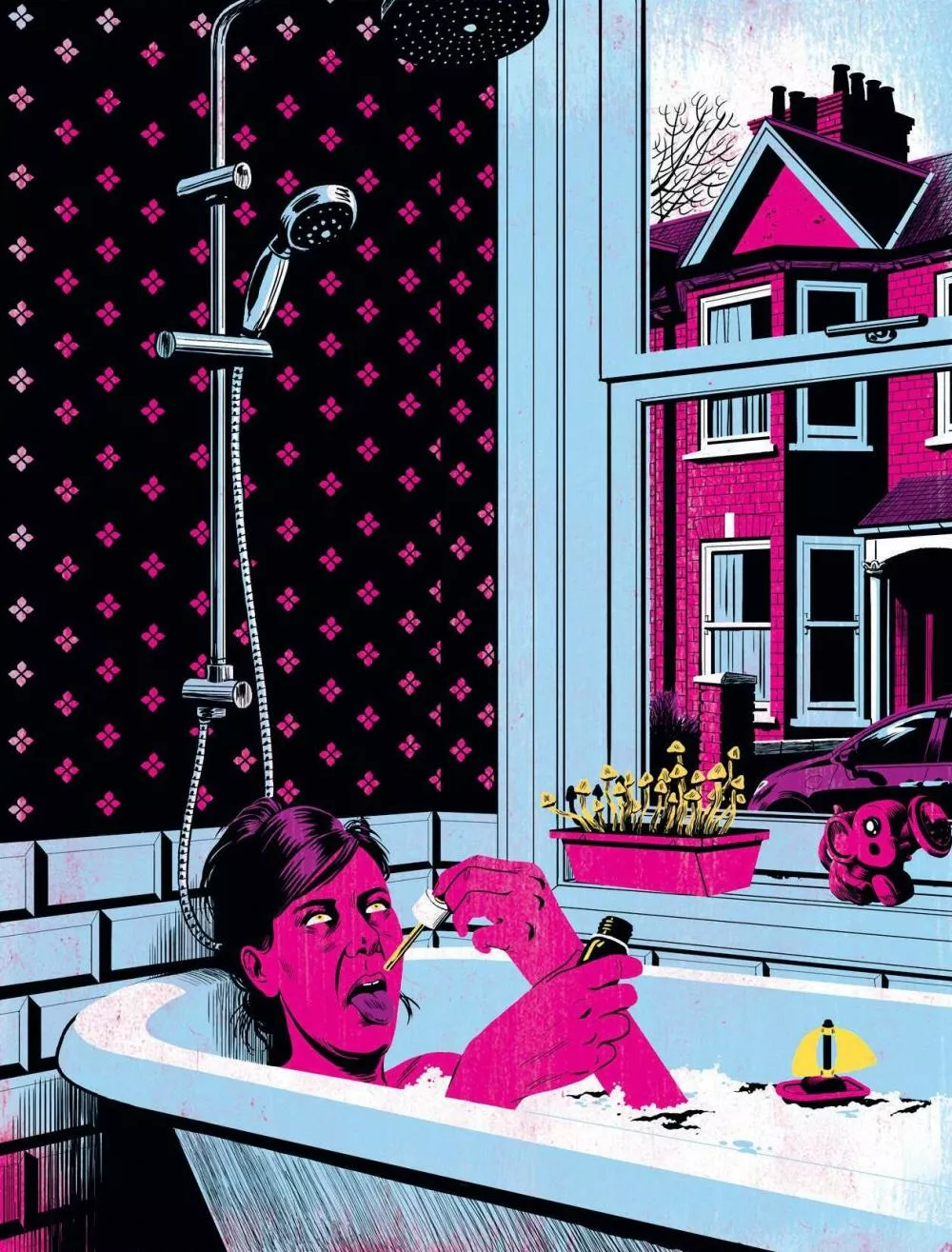 Une personne est dans une baignoire, tenant une bouteille et un compte-gouttes, avec une expression concentrée. La salle de bain a un papier peint noir à motifs roses. Par la fenêtre, on voit une maison rose et une jardinière avec des champignons. Un jouet flotte dans la baignoire.