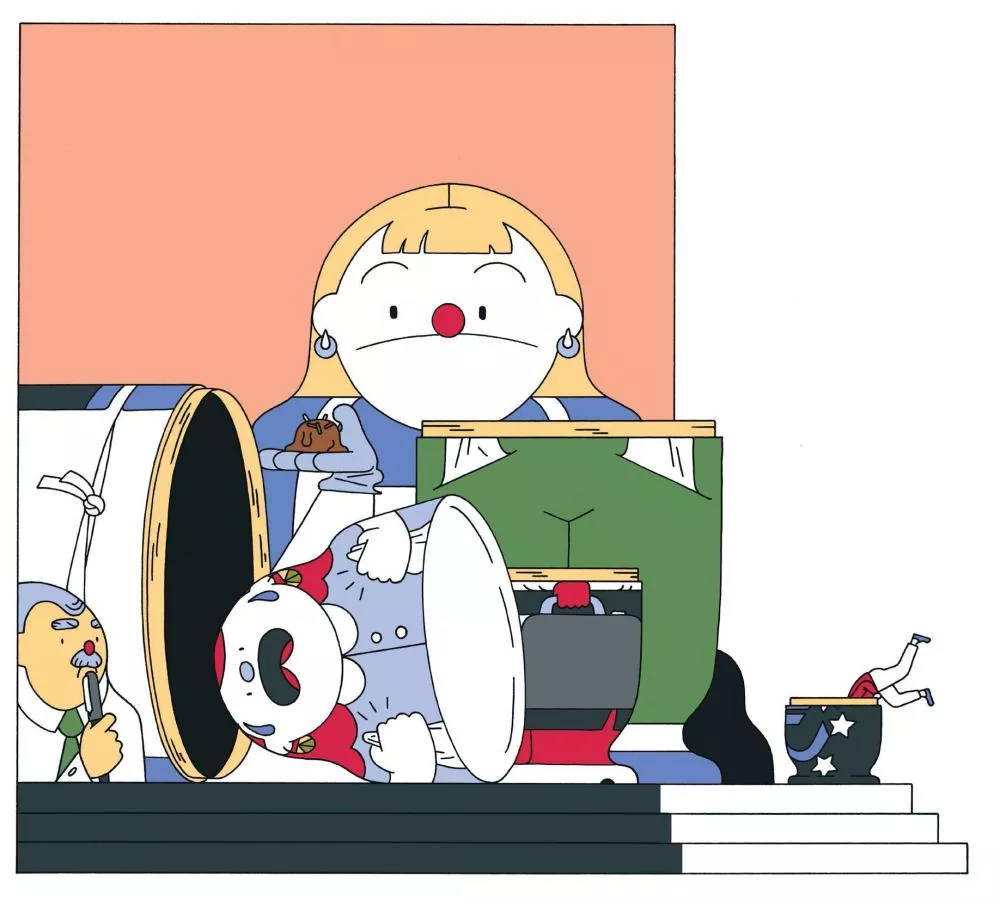 L'image montre un personnage avec un nez rouge et des boucles d'oreilles, entouré d'objets variés, dont un panda en costume, des pantalons verts, et un personnage miniature tombant dans une tasse étoilée.