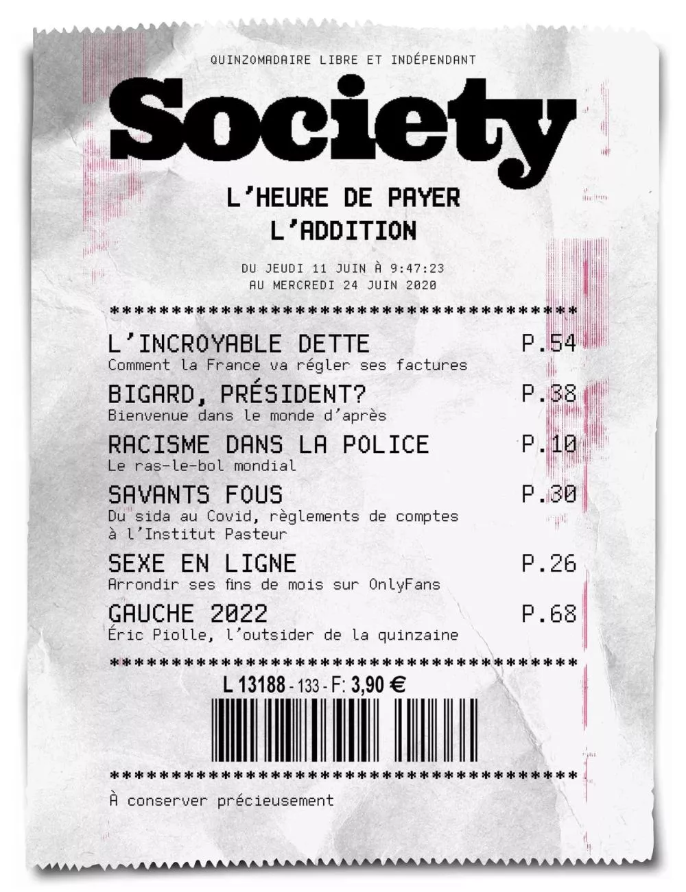 Une couverture de magazine intitulée "Society" avec des sujets tels que la dette de la France, la question du racisme dans la police, des savants fous, le sexe en ligne, et la politique de gauche pour 2022.