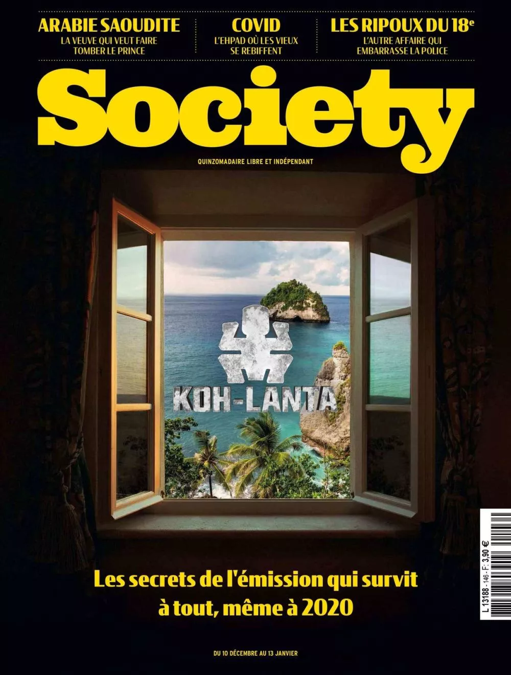 Une couverture de magazine "Society" avec des titres sur l'Arabie Saoudite, le COVID et une affaire de police. L'article principal porte sur les secrets de l'émission "Koh-Lanta".