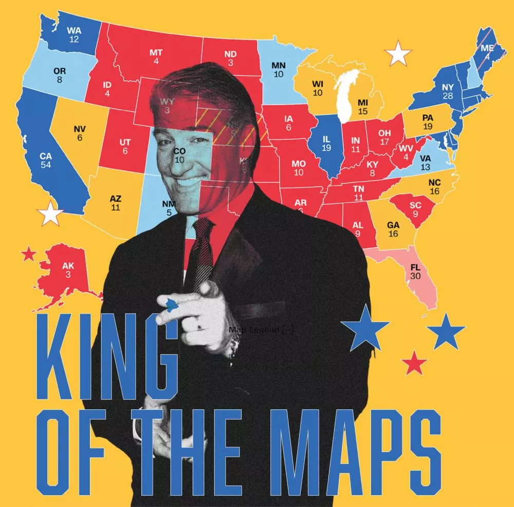 Une carte des États-Unis montrant les résultats électoraux par État, avec des couleurs indiquant les partis politiques. Un homme en costume est superposé à la carte, avec le texte "KING OF THE MAPS" en bas.
