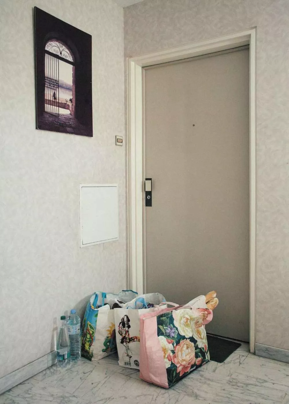 Un couloir avec une porte, des sacs de courses posés au sol, et des bouteilles d'eau à côté. Un tableau est accroché au mur.