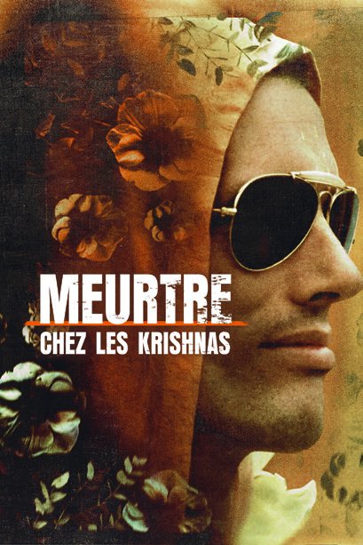 Un homme portant des lunettes de soleil et un tissu à motifs floraux sur la tête. Le texte indique "Meurtre chez les Krishnas".