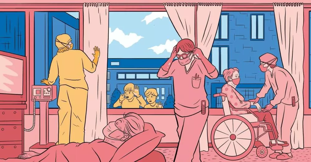 L'image montre une scène dans un hôpital ou un établissement de soins. Plusieurs personnes portent des masques. Une personne est allongée dans un lit, une autre est en fauteuil roulant avec un soignant à ses côtés. Deux enfants regardent par la fenêtre depuis l'extérieur.