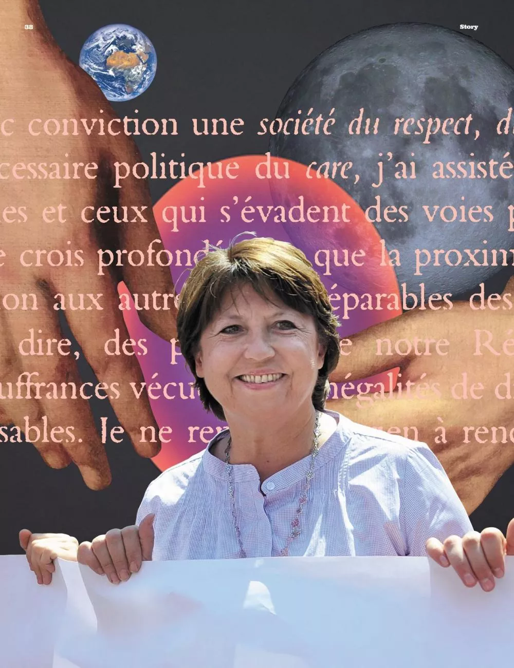 Une femme souriante se tient devant un fond artistique avec des images de la Terre et de la Lune, ainsi que du texte évoquant une société de respect et de soin.