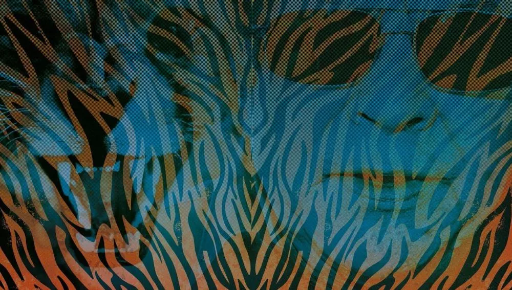 Un visage humain portant des lunettes de soleil est superposé à une image de tigre, avec des motifs de rayures de tigre en arrière-plan. En bas de l'image, on peut lire le texte "LE ROI DES TIGRES".