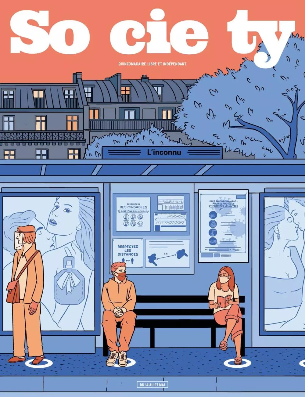 Une illustration de couverture de magazine montre des personnes portant des masques à un arrêt de bus, respectant la distanciation sociale. En arrière-plan, des affiches publicitaires et des bâtiments résidentiels. Le titre du magazine est "Society".