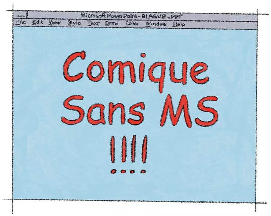 Une diapositive humoristique de type Microsoft PowerPoint affichant le texte "Comique Sans MS !!!!" sur un fond bleu.