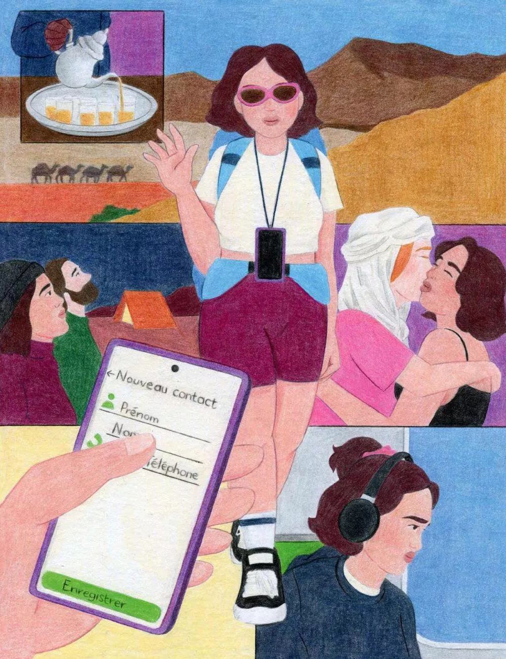 Une femme avec des lunettes de soleil et un sac à dos se tient au centre d'une scène désertique. Autour d'elle, des vignettes montrent des moments de voyage : une cérémonie de thé, des chameaux, deux personnes s'embrassant, une personne avec un casque audio, et un téléphone affichant un écran de contact.