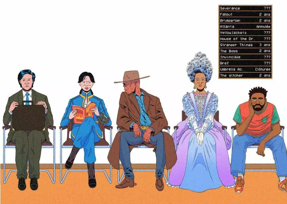 L'image montre plusieurs personnages assis sur des chaises, chacun avec un style vestimentaire distinctif, évoquant des personnages de différentes séries ou époques. À droite, un tableau indique le statut de renouvellement ou d'annulation de plusieurs séries, telles que "Severance", "Fallout", "Bridgerton", "Atlanta", "Yellowjackets", "House of the Dr.", "Stranger Things", "The Boys", "Invincible", "Bref", "Umbrella Ac.", et "The Witcher".