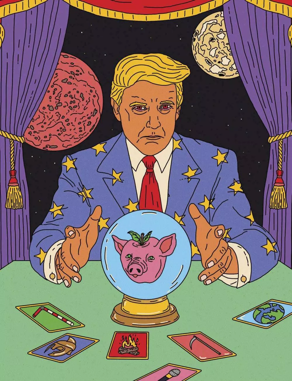 Un homme en costume bleu avec des étoiles jaunes est assis devant une boule de cristal contenant une tête de cochon. Il est entouré de cartes illustrées et de rideaux violets, avec des planètes en arrière-plan.
