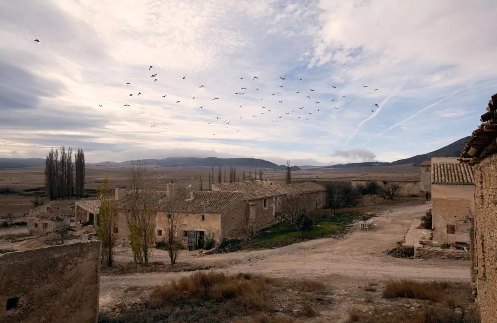 Un paysage rural avec des bâtiments anciens en pierre, des arbres sans feuilles et un ciel partiellement nuageux avec des oiseaux en vol.