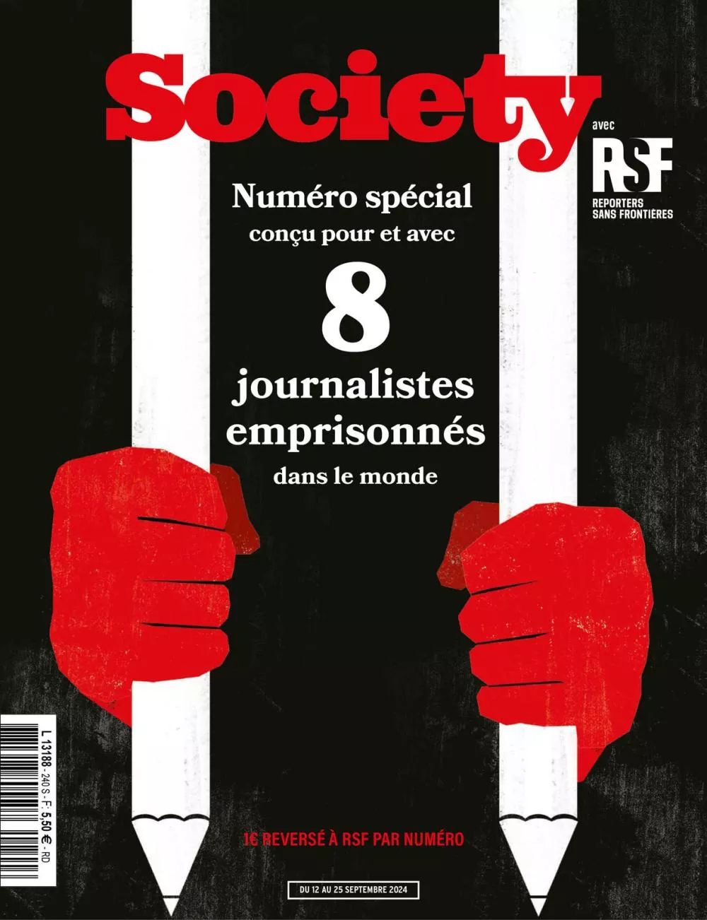 Couverture du magazine "Society" en collaboration avec Reporters Sans Frontières, mettant en avant un numéro spécial sur 8 journalistes emprisonnés dans le monde.