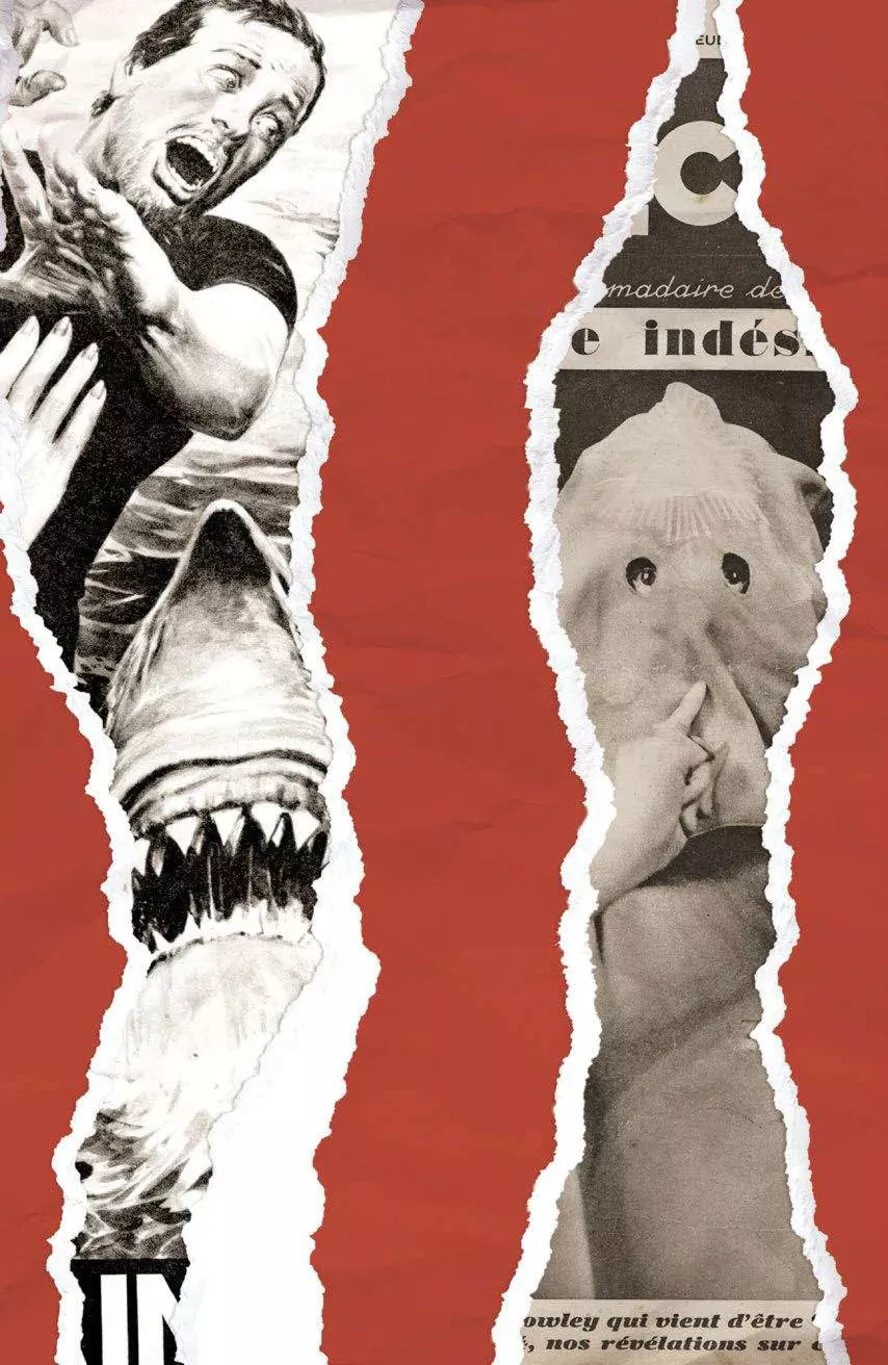 L'image montre un collage avec des bandes déchirées révélant différentes scènes : à gauche, un homme effrayé par un requin, et à droite, une personne avec un tissu sur la tête. Le fond est rouge.