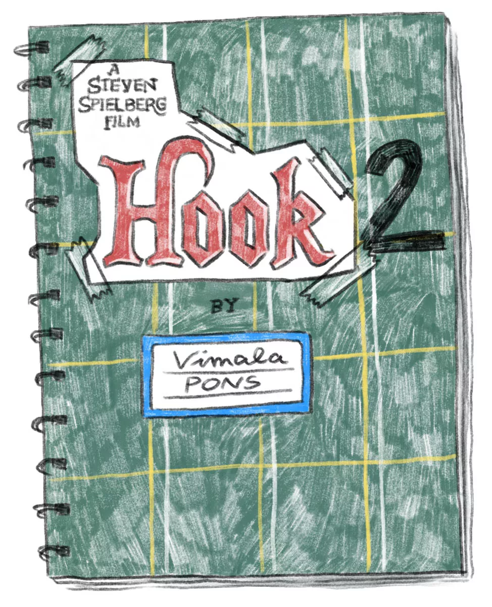 Une couverture illustrée d'un carnet à spirales avec un design vert à carreaux. Il est écrit "A Steven Spielberg Film Hook 2" et "By Vimala Pons".