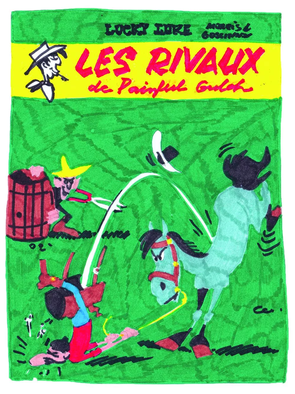 Une couverture de bande dessinée avec un personnage de cow-boy en train de tirer, un cheval qui se cabre, et un taureau noir. Le titre est "Les Rivaux de Painful Gulch".