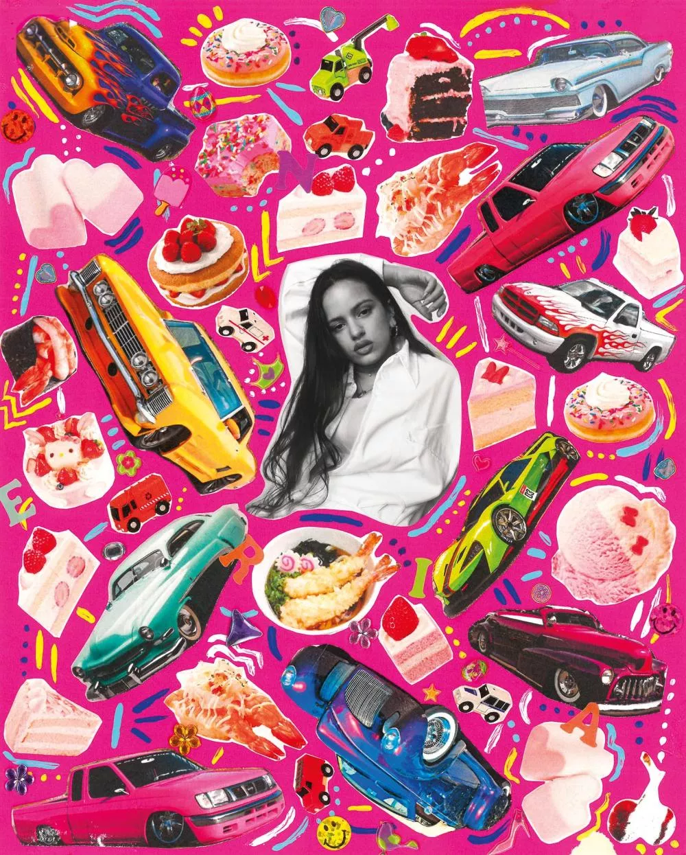 Un collage coloré avec des voitures, des desserts, des jouets, et une photo en noir et blanc d'une personne au centre. Le fond est rose vif avec des motifs décoratifs.