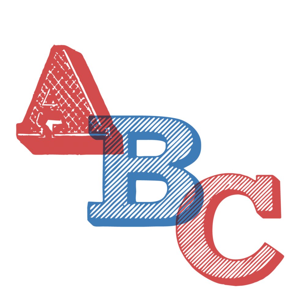 L'image montre les lettres "A", "B" et "C" dans un style artistique, avec "A" et "C" en rouge et "B" en bleu, avec des motifs de hachures.