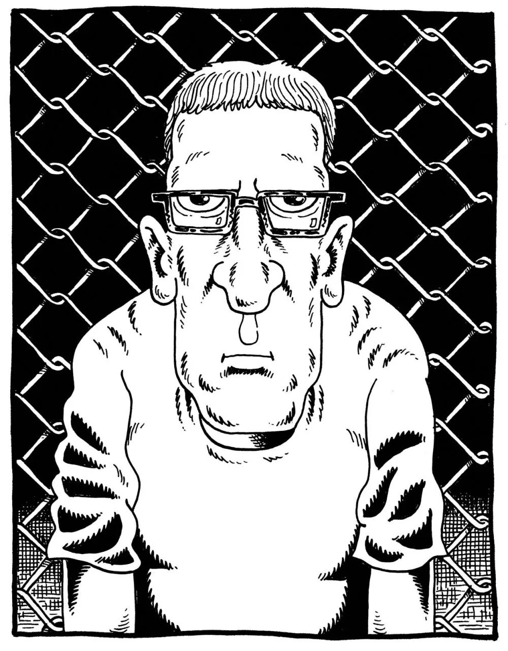 Un dessin en noir et blanc représentant un homme avec des lunettes et un air sérieux, debout devant une clôture en grillage.