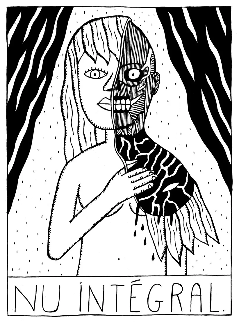 L'image montre une personne dont la moitié du visage et du corps est normale, tandis que l'autre moitié révèle une structure squelettique et musculaire. Le texte en bas de l'image dit "NU INTÉGRAL".