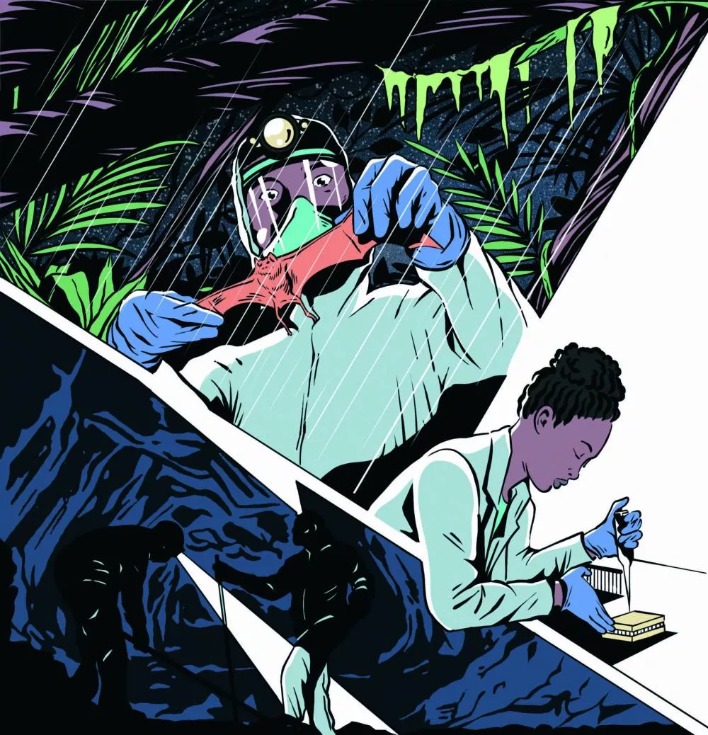 L'image montre deux scènes : en haut, une personne en tenue de protection manipule un échantillon dans un environnement de jungle, en bas, une autre personne effectue des analyses en laboratoire.