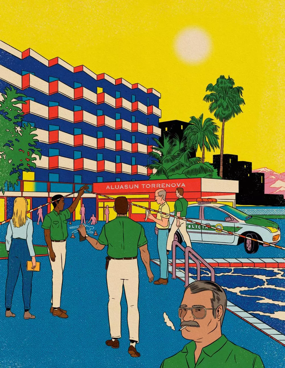 Une scène colorée représentant un hôtel avec des personnes en uniforme vert, un ruban de sécurité, une voiture de police et des palmiers en arrière-plan. Le ciel est jaune avec un soleil brillant.