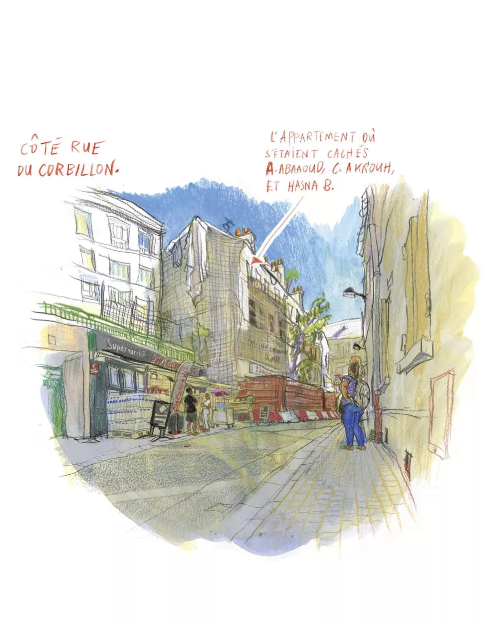 Une illustration montre une rue avec des bâtiments, des personnes marchant, et des panneaux de signalisation. Un texte indique l'appartement où se cachaient certaines personnes.