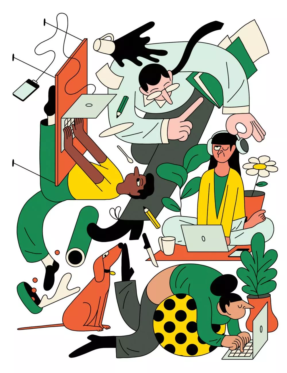 L'image montre des personnages stylisés dans des positions dynamiques, utilisant des ordinateurs portables et des téléphones, entourés d'objets de bureau et de plantes. Les couleurs sont vives et variées, créant une scène animée et moderne.