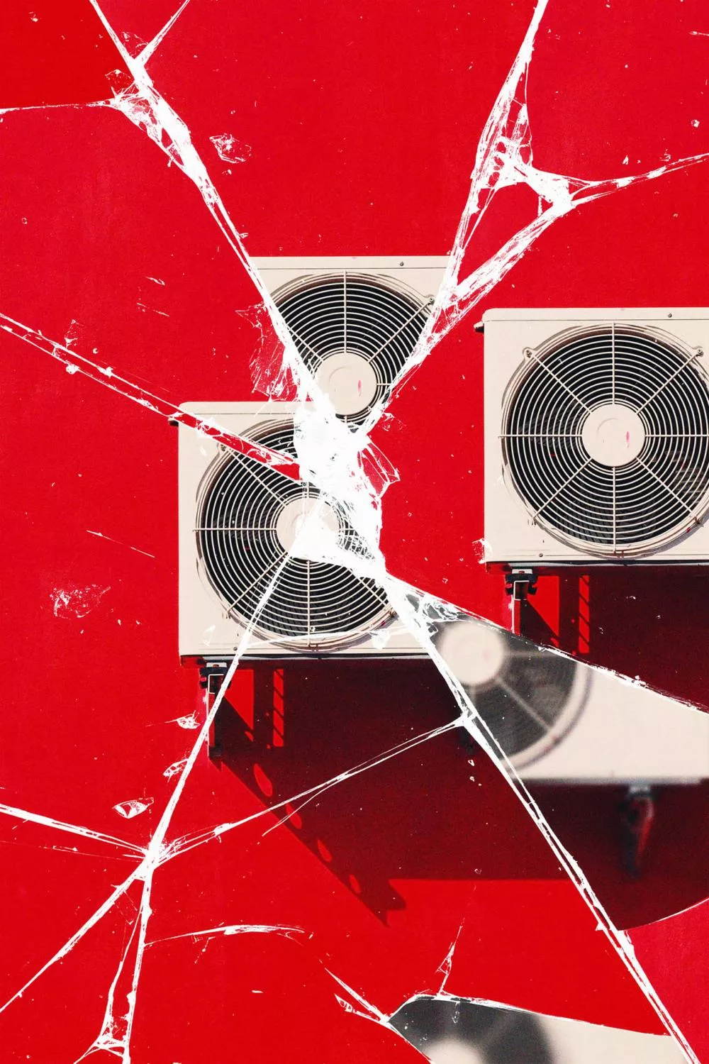 Deux unités de climatisation sont fixées sur un mur rouge vif, avec un effet de fissure en verre brisé superposé sur l'image.