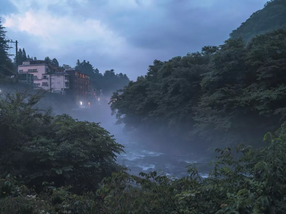 Une scène de nature brumeuse avec un cours d'eau entouré de végétation dense. À gauche, des bâtiments éclairés se dressent sur une colline, créant un contraste avec l'atmosphère brumeuse et les arbres environnants.