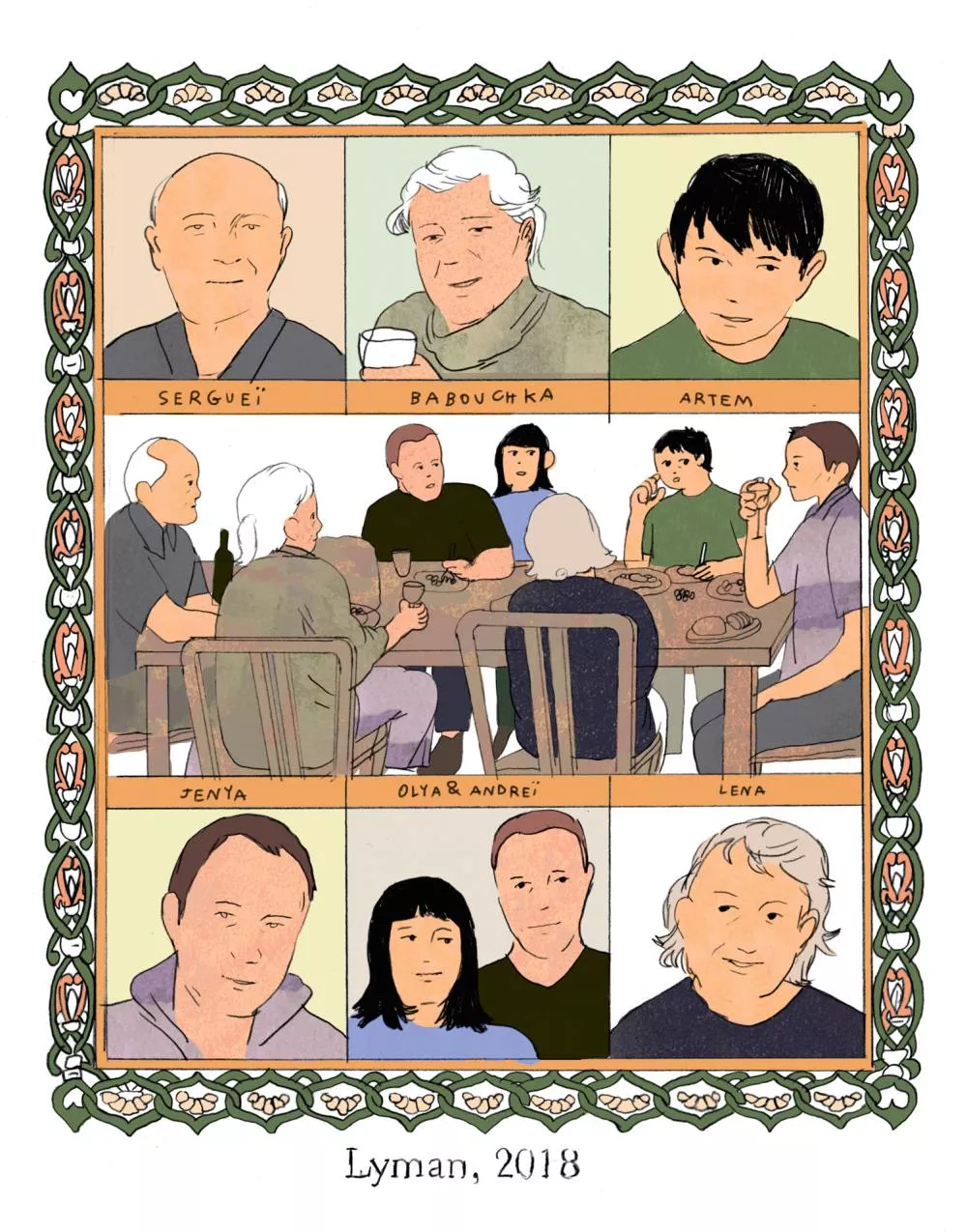 Image composée de portraits de plusieurs personnes avec leurs prénoms : Sergueï, Babouchka, Artem, Jenya, Olya & Andreï, Lena. Une scène centrale montre un groupe autour d'une table. Lyman, 2018.