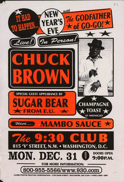 Affiche annonçant un concert de Chuck Brown au 9:30 Club à Washington D.C. le 31 décembre, avec une apparition spéciale de Sugar Bear de E.U., et un toast au champagne à minuit.