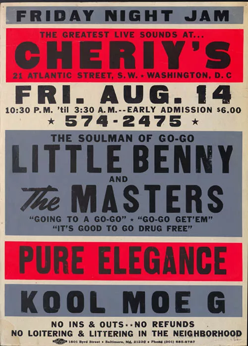 Affiche pour un concert à Cheriy's, Washington D.C., le vendredi 14 août, avec Little Benny and The Masters, Pure Elegance et Kool Moe G. Admission anticipée à 6 dollars.