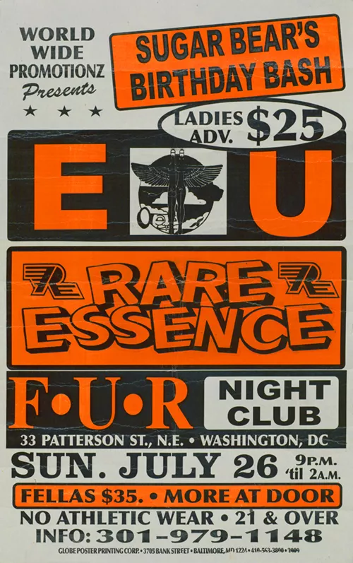Affiche promotionnelle pour une fête d'anniversaire de Sugar Bear au F.U.R Night Club à Washington, DC, le dimanche 26 juillet, avec des performances de E.U et Rare Essence. Prix d'entrée : 25 $ pour les femmes à l'avance, 35 $ pour les hommes. Dress code : pas de vêtements de sport, âge minimum 21 ans.