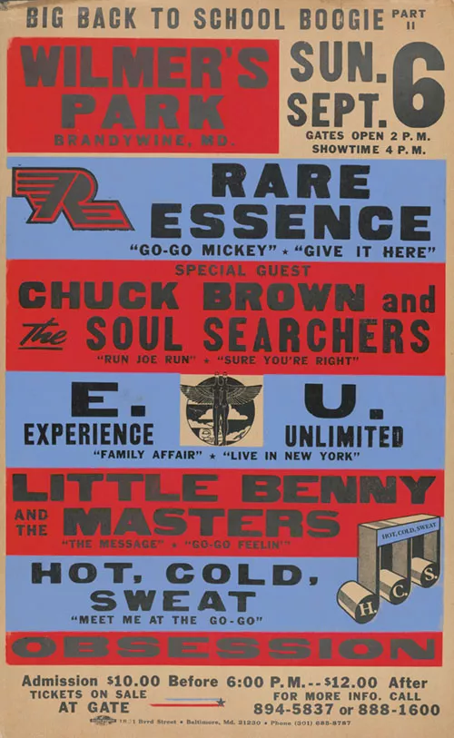 Affiche pour un événement musical intitulé "Big Back to School Boogie Part II" à Wilmer's Park, Brandywine, MD, le dimanche 6 septembre. Les artistes incluent Rare Essence, Chuck Brown and the Soul Searchers, E.U. (Experience Unlimited), Little Benny and the Masters, et Hot, Cold, Sweat. Les portes ouvrent à 14h, et le spectacle commence à 16h. Prix des billets : 10 $ avant 18h, 12 $ après.